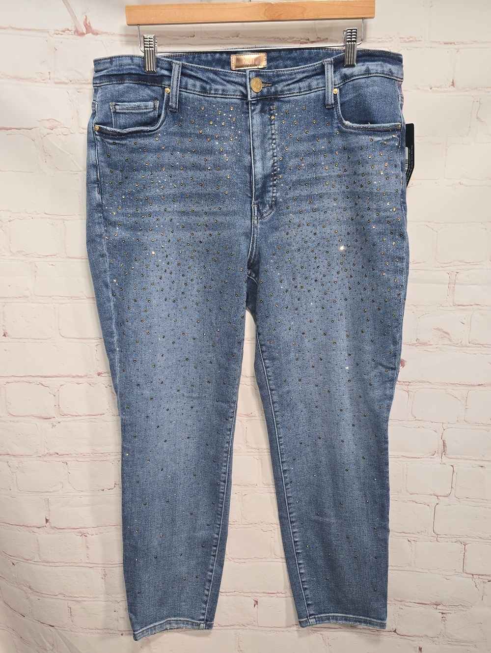 KUT Reese Embellished Light Blue Ankle Straight Leg Jeans Women Size 16W NWT